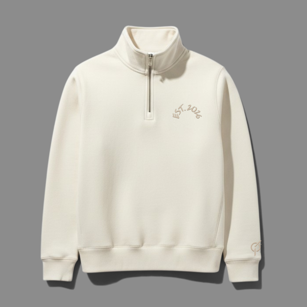area 609 The Preservation Half Zip Crew in cream with a small embroidered logo on the chest and ribbed cuffs.