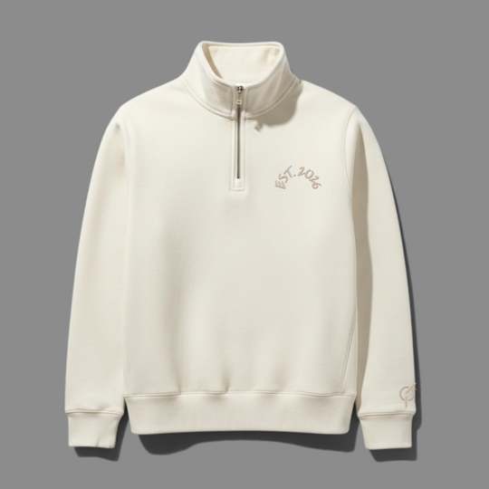 area 609 The Preservation Half Zip Crew in cream with a small embroidered logo on the chest and ribbed cuffs.