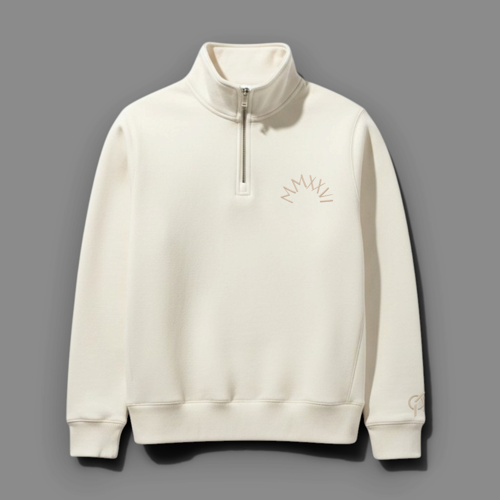 area 609 The Preservation Half Zip Crew in cream with a small embroidered logo on the chest and ribbed cuffs.