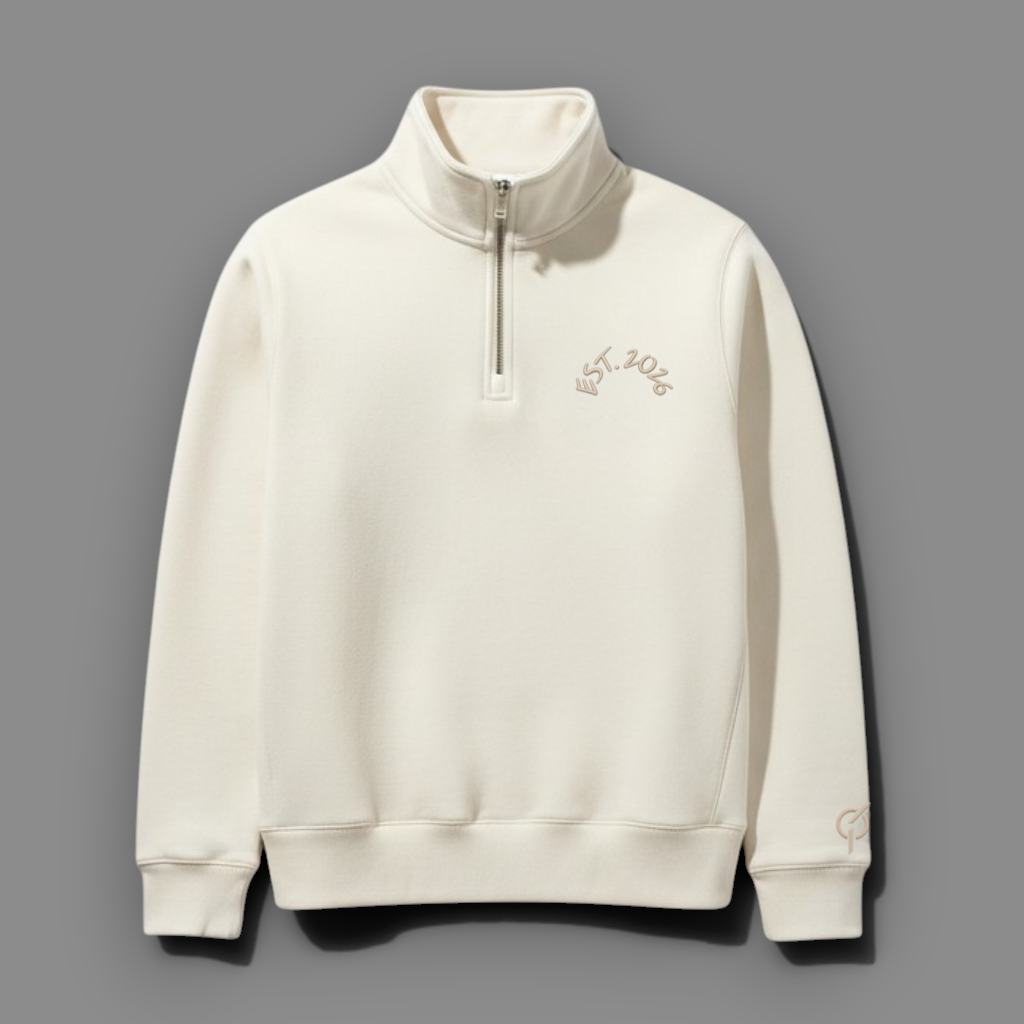 area 609 The Preservation Half Zip Crew in cream with a small embroidered logo on the chest and ribbed cuffs.