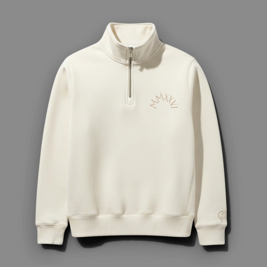 area 609 The Preservation Half Zip Crew in cream with a small embroidered logo on the chest and ribbed cuffs.