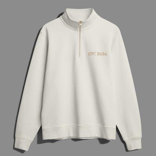 area 609 cream canvas quarter zip pullover with gold EST. 2026 embroidery on the chest