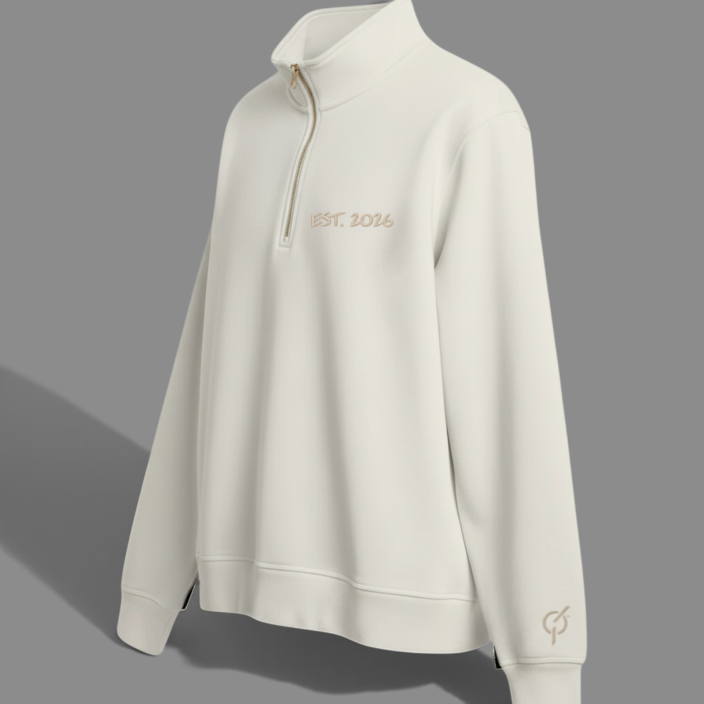 area 609 cream canvas quarter zip pullover with EST. 2026 embroidery and gold zipper detail