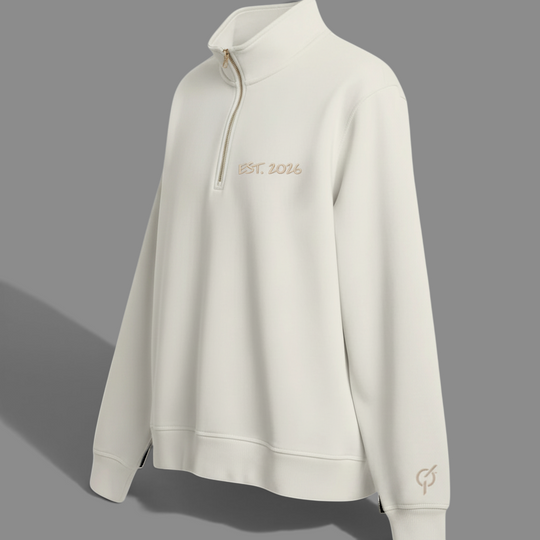 area 609 cream canvas quarter zip pullover with EST. 2026 embroidery and gold zipper detail