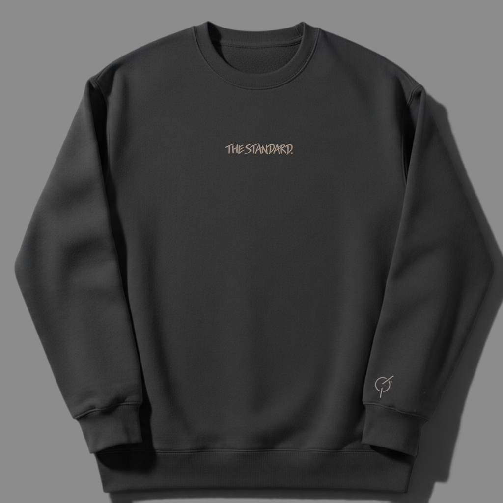 area 609 The Standard Faded Crew sweatshirt in coal grey midweight cotton blend with sand embroidery details
