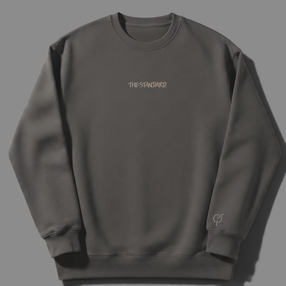 area 609 The Standard Faded Crew sweatshirt in coal grey cotton blend with sand embroidery on chest and sleeve