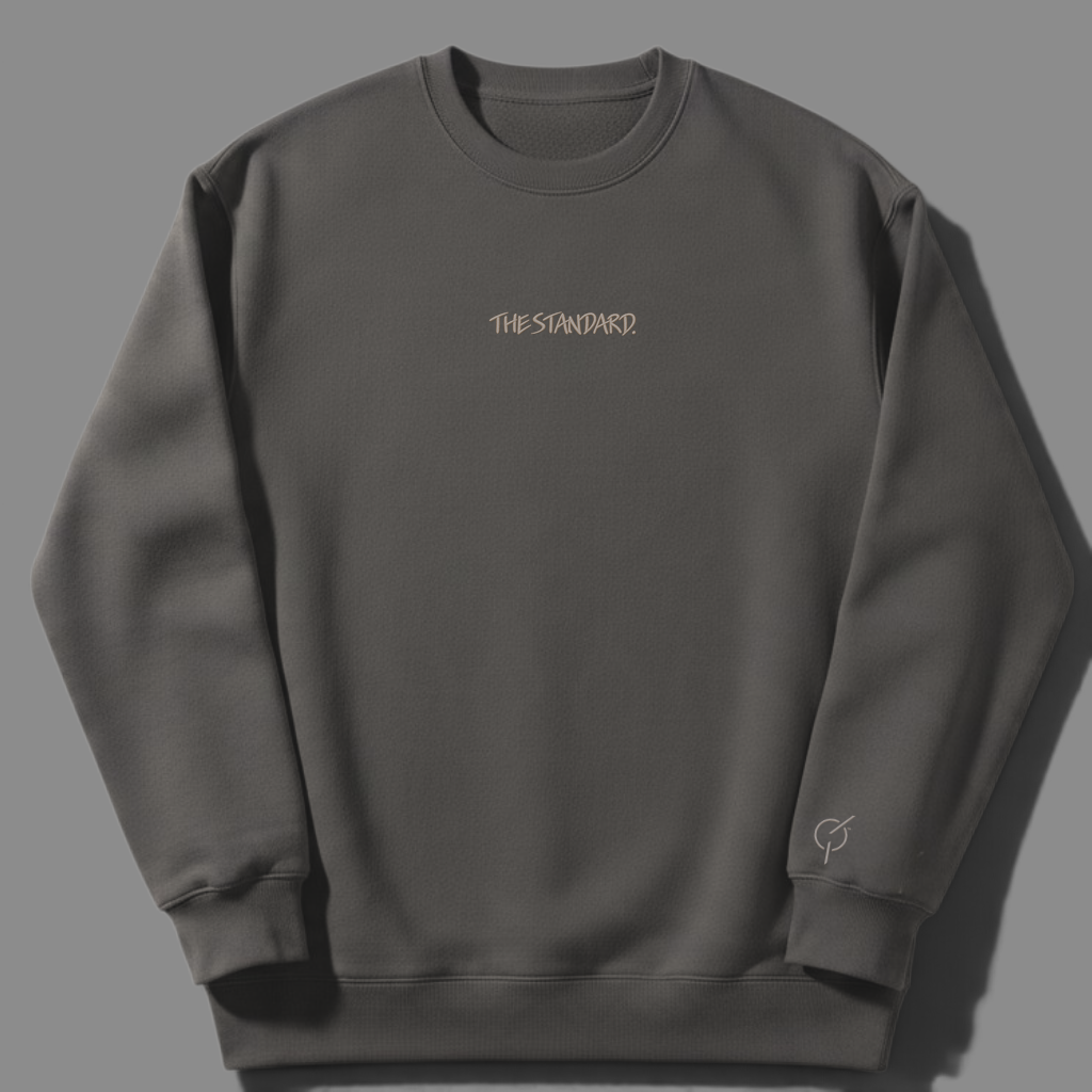 area 609 The Standard Faded Crew sweatshirt in coal grey cotton blend with sand embroidery on chest and sleeve
