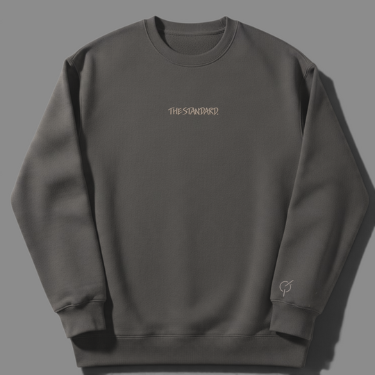 area 609 The Standard Faded Crew sweatshirt in coal grey cotton blend with sand embroidery on chest and sleeve