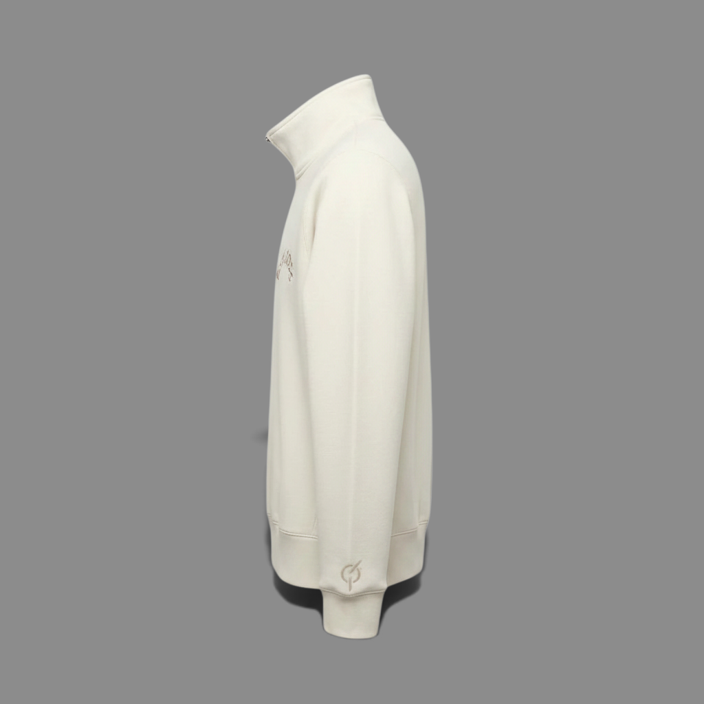 area 609 The Preservation Half Zip Crew in cream with a high collar and embroidered logo detail, side view