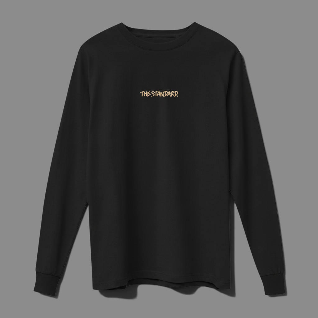 area 609 The Standard long sleeve Supima cotton shirt in black with a small gold logo on the chest