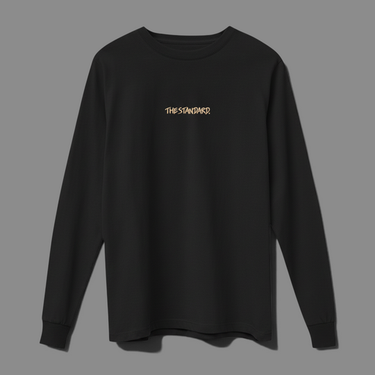 area 609 The Standard long sleeve Supima cotton shirt in black with a small gold logo on the chest