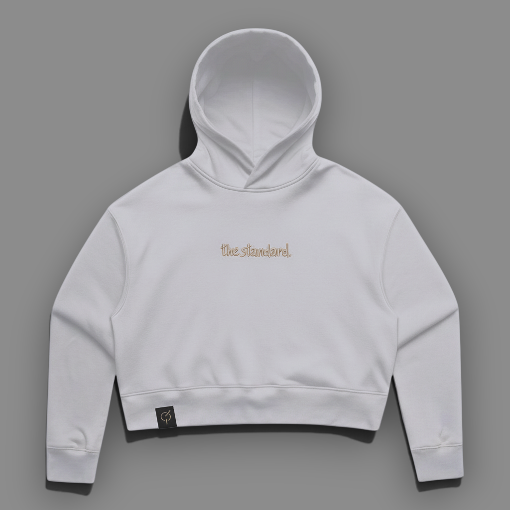 area 609 bone cropped hoodie in midweight cotton blend with sand embroidery and custom woven label at the hem