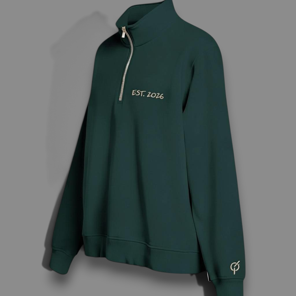 area 609 ivy green organic cotton quarter zip sweatshirt with sand embroidery on chest and cuff