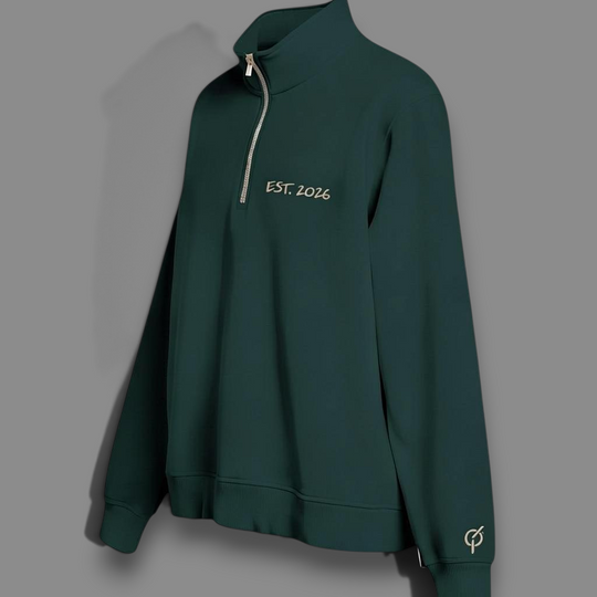 area 609 ivy green organic cotton quarter zip sweatshirt with sand embroidery on chest and cuff