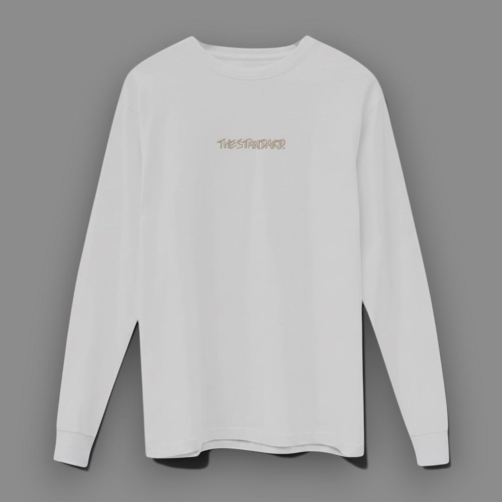 area 609 white long sleeve Supima cotton shirt with The Standard logo graphic on the chest