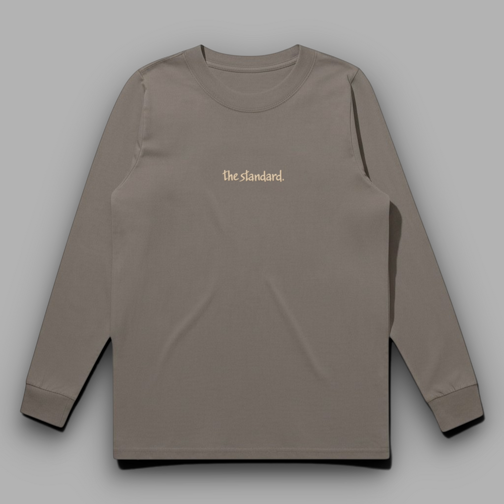 area 609 The Standard long sleeve tee in taupe with a small embroidered logo on the chest.