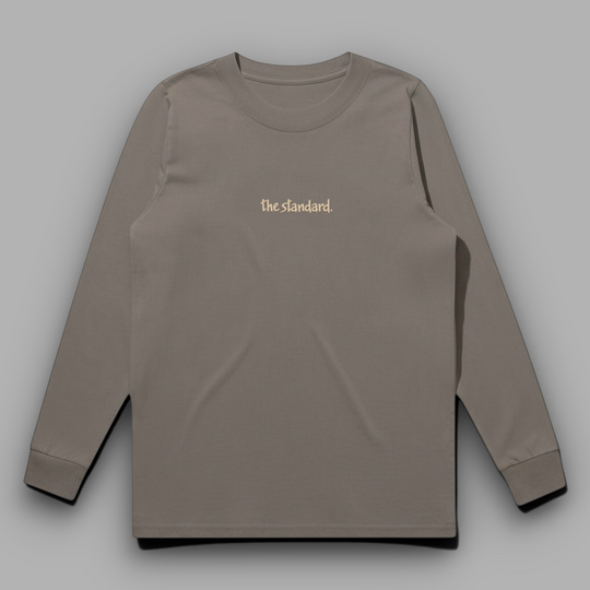 area 609 The Standard long sleeve tee in taupe with a small embroidered logo on the chest.