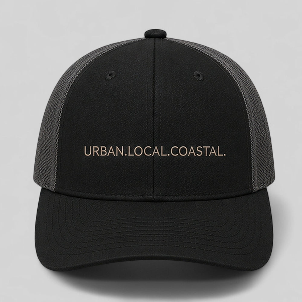 area 609 black and charcoal mesh snapback hat with Urban.Local.Coastal. embroidery and pre-curved bill