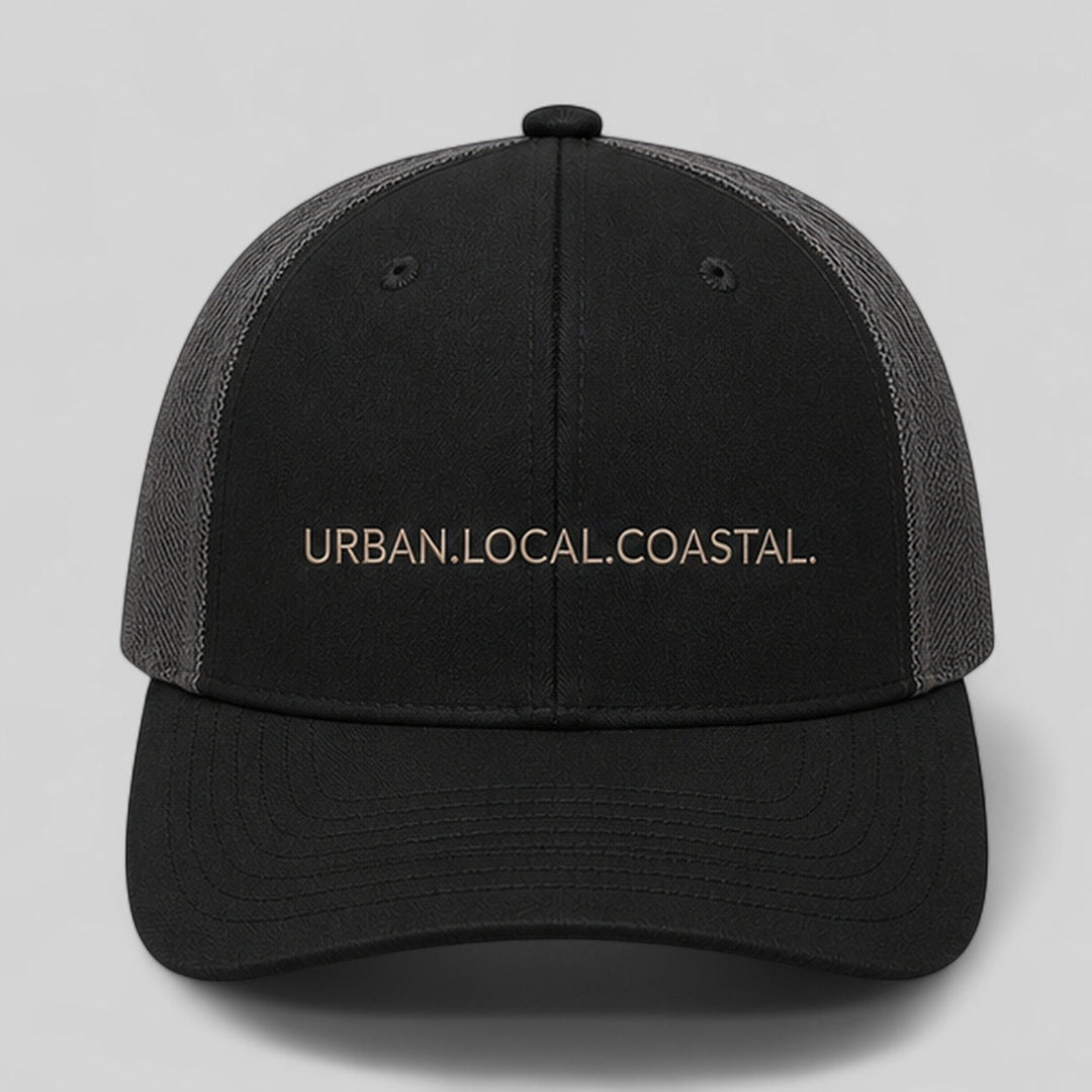 area 609 black and charcoal mesh snapback hat with Urban.Local.Coastal. embroidery and pre-curved bill