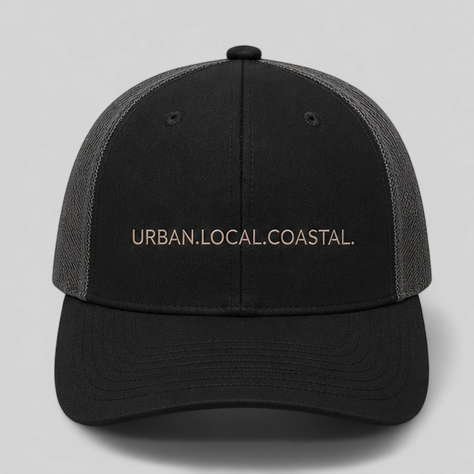 area 609 black and charcoal mesh snapback hat with Urban.Local.Coastal. embroidery and pre-curved bill