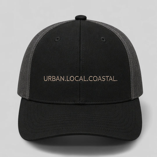 area 609 black and charcoal mesh snapback hat with Urban.Local.Coastal. embroidery and pre-curved bill