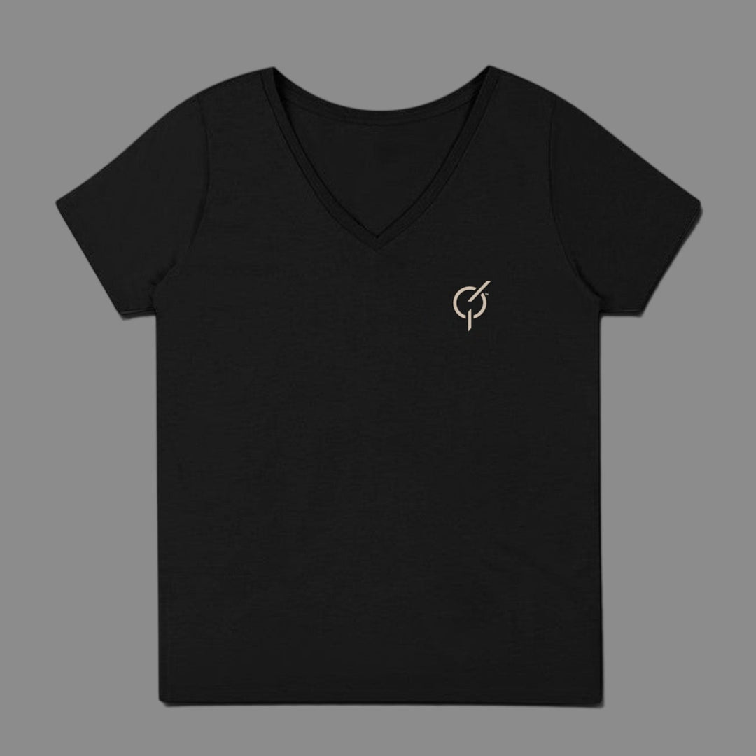 area 609 black cotton V-neck t-shirt with a small sand-colored embroidered emblem on the left chest