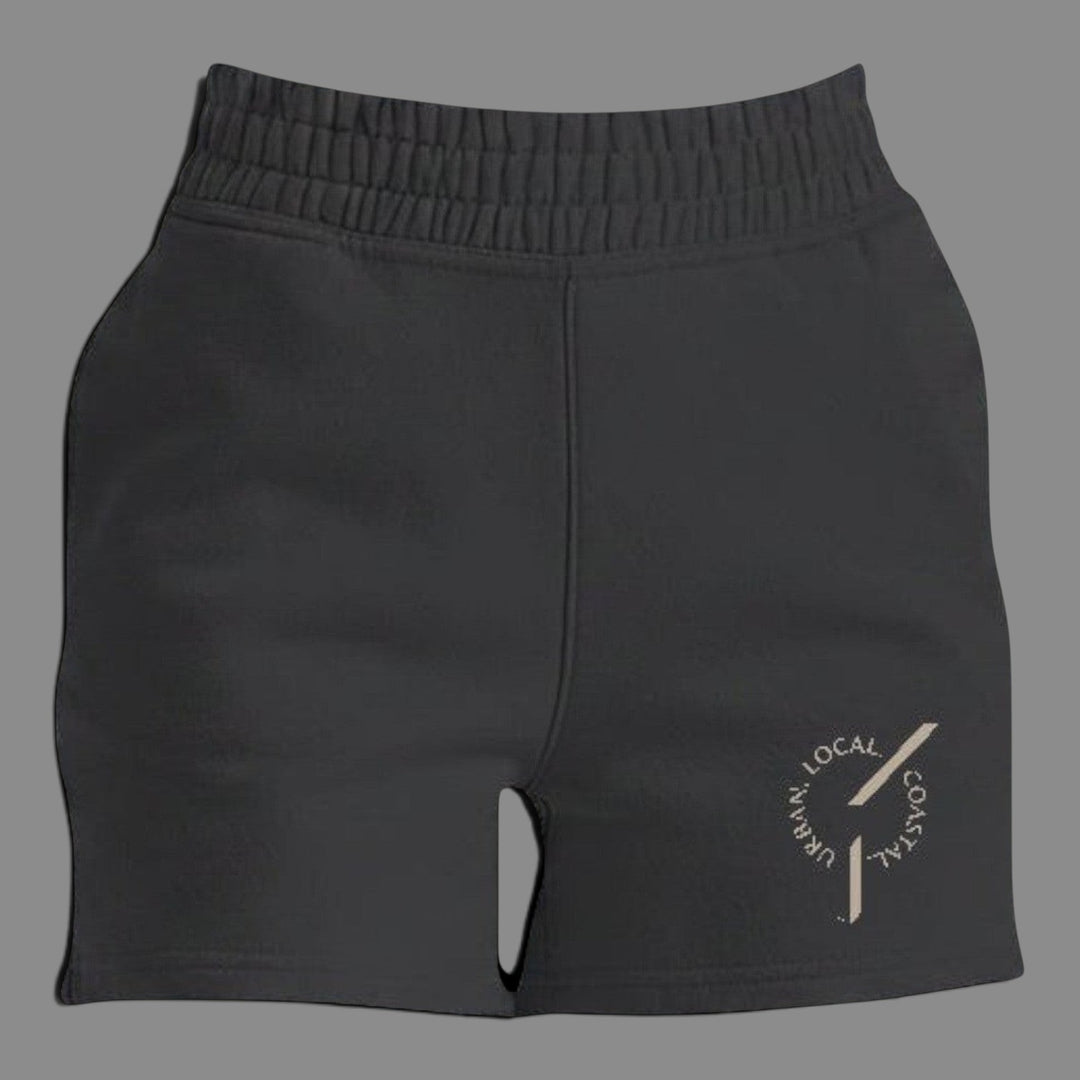 area 609 black midweight cotton-blend fleece jogger shorts with high waist, elastic waistband, and sand embroidery.
