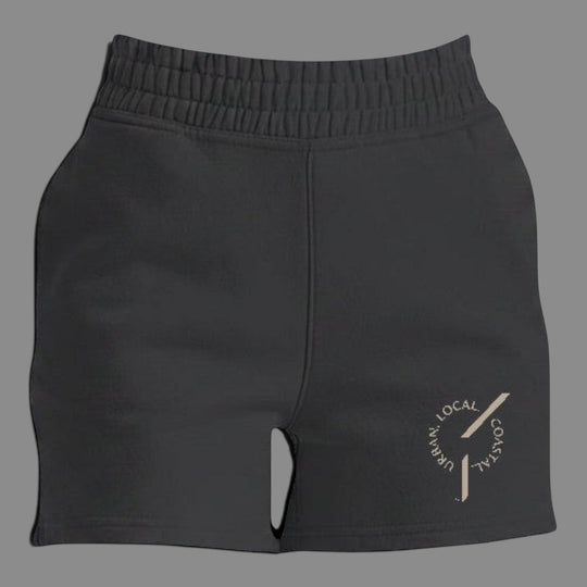 area 609 black midweight cotton-blend fleece jogger shorts with high waist, elastic waistband, and sand embroidery.