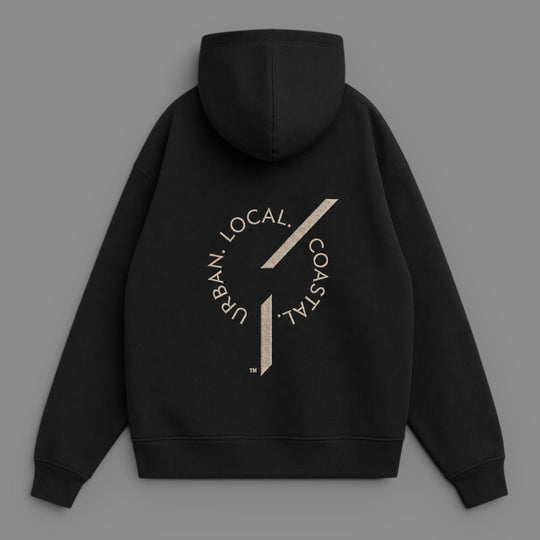 Back view of area 609 black heavyweight organic cotton hoodie with embroidered logo on the back