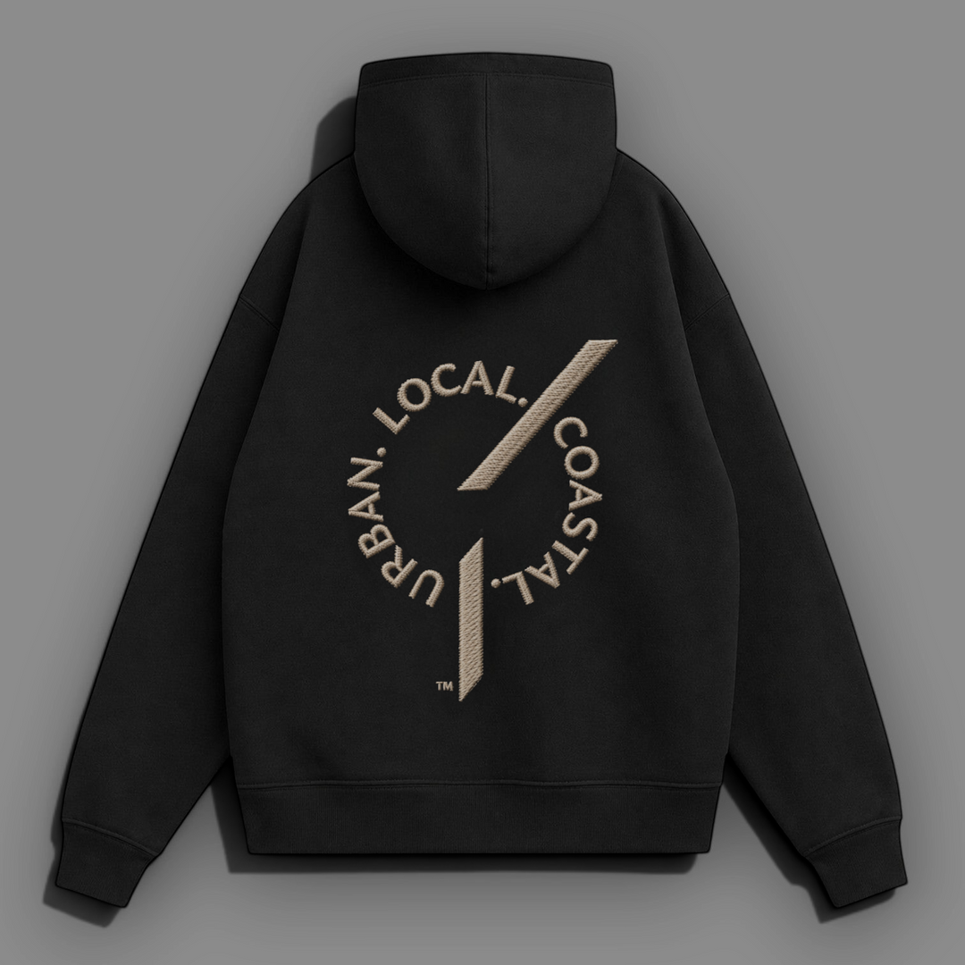 Back view of area 609 black heavyweight organic cotton hoodie with embroidered logo on the back
