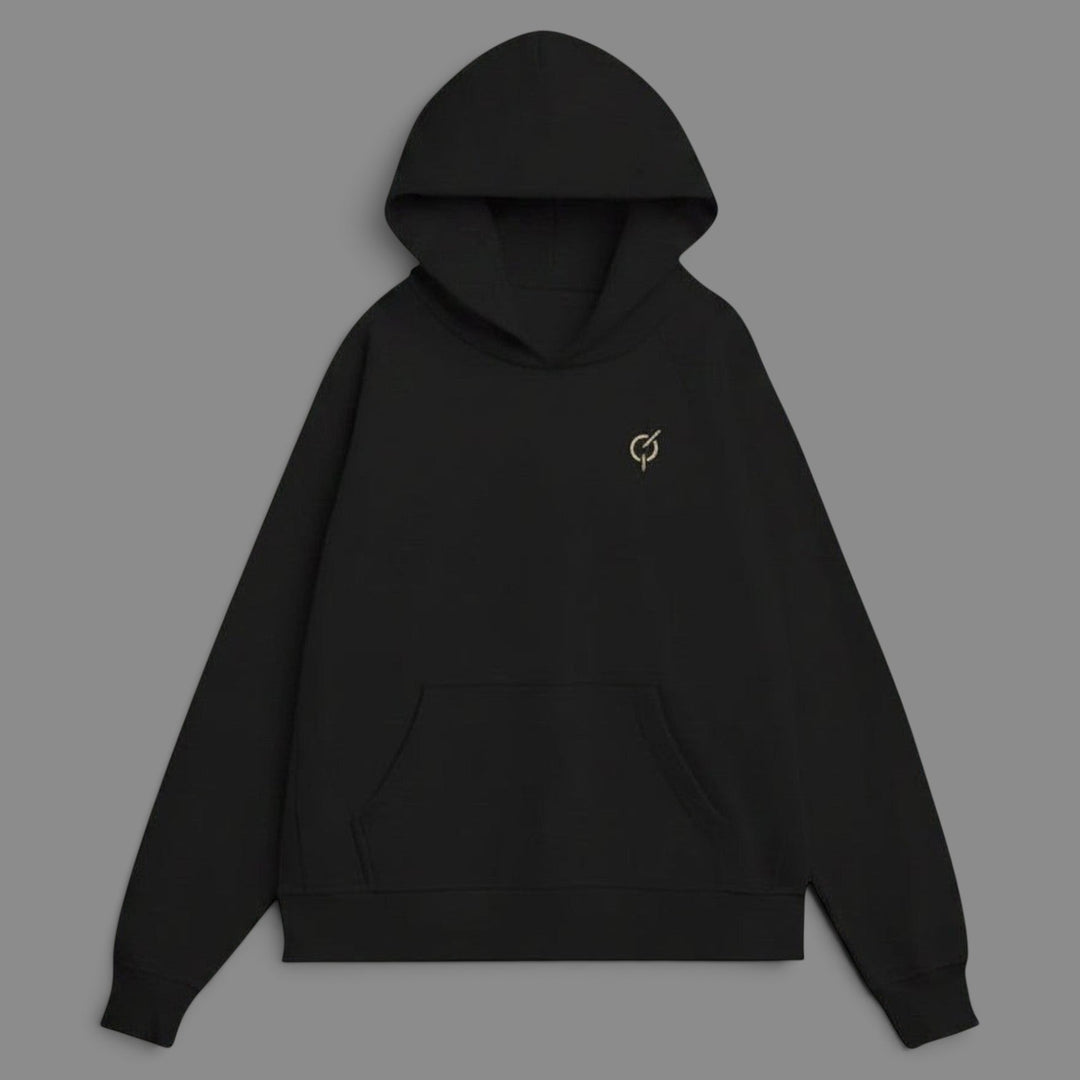 area 609 The Founders Hoodie in black heavyweight organic French terry cotton with a relaxed fit and cross-front hood.