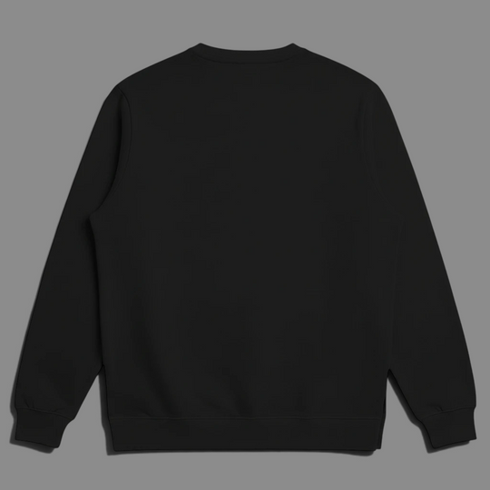 Back view of area 609 black organic cotton French terry crewneck sweatshirt with reverse flatlock stitching.