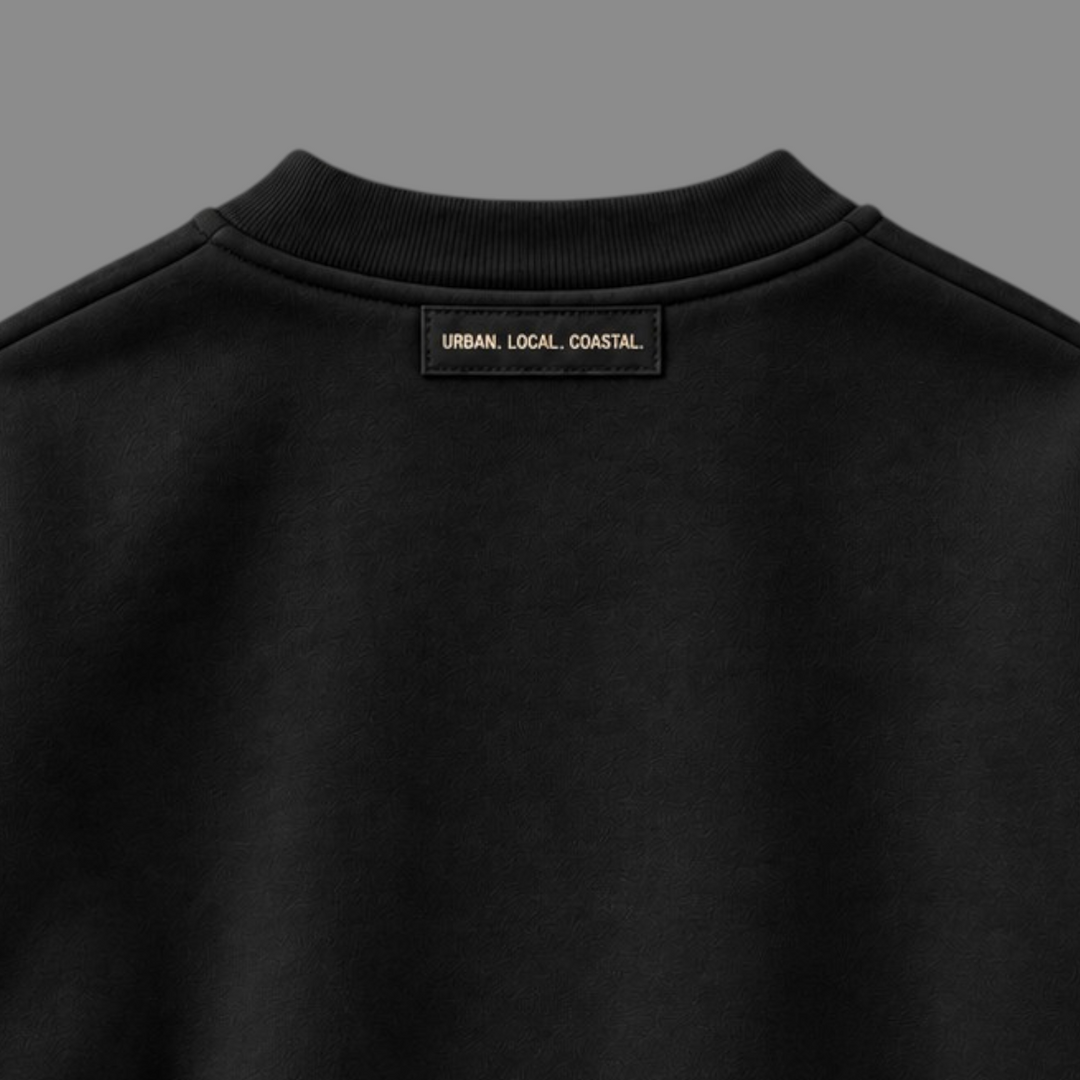 area 609 black organic cotton French terry crewneck sweatshirt with back neck woven label, back view