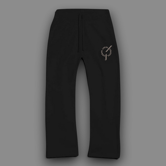 area 609 black organic cotton French terry wide leg pants with sand thread Founders Mark embroidery
