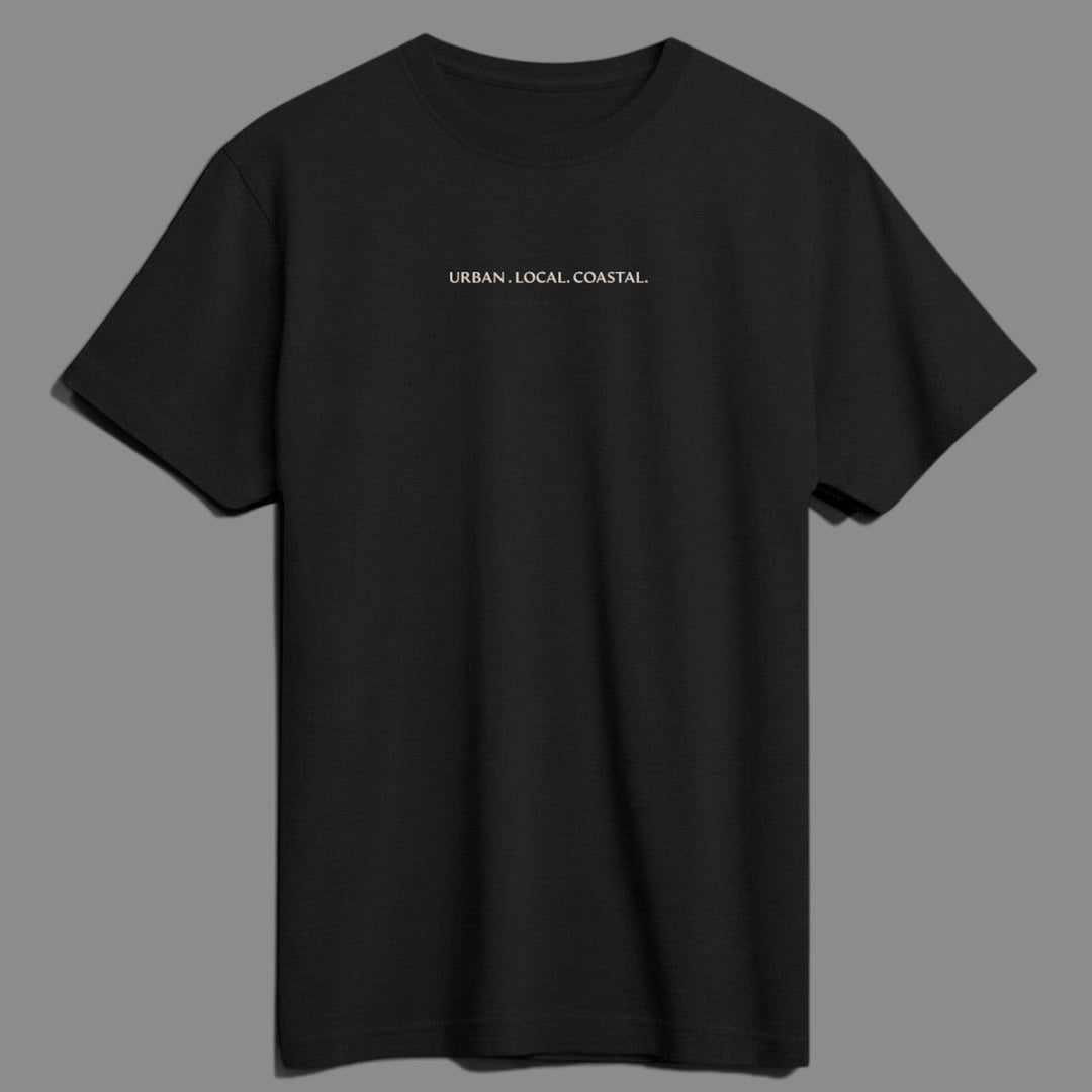 area 609 black SUPIMA cotton t-shirt featuring URBAN LOCAL COASTAL embroidery in sand thread on the chest