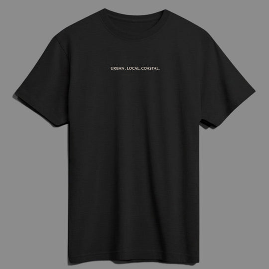 area 609 black SUPIMA cotton t-shirt featuring URBAN LOCAL COASTAL embroidery in sand thread on the chest