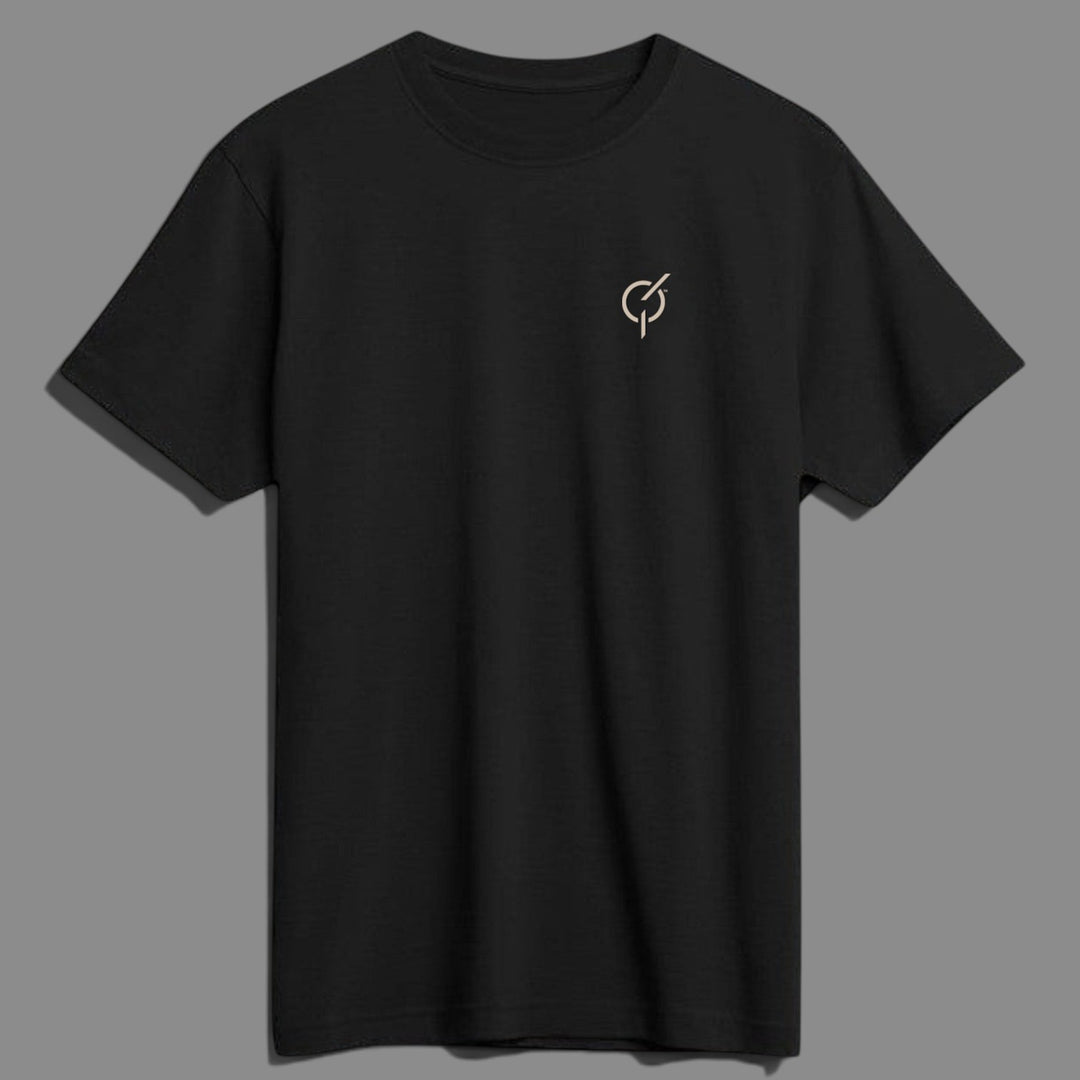 area 609 The Founders Tee in black SUPIMA cotton with a small embroidered sand-colored core emblem on the chest.