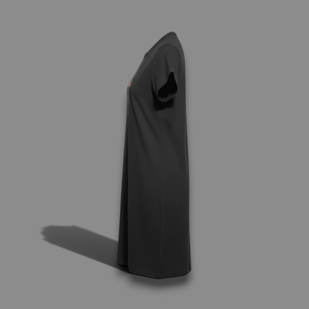 Side view of the area 609 black Standard Tee Dress featuring a classic crew neck and short sleeves.