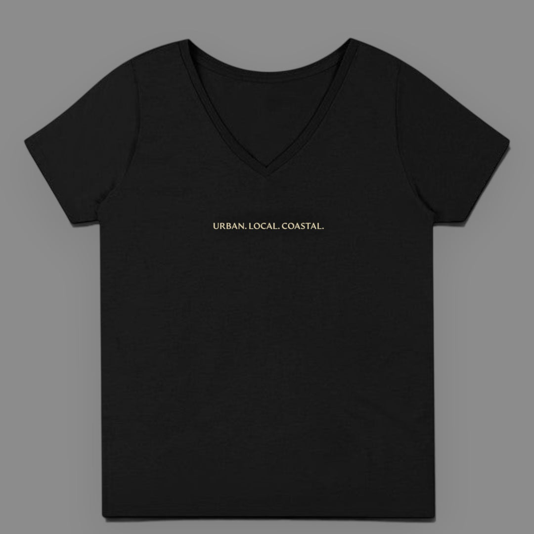 area 609 black 100% cotton V-neck t-shirt with URBAN. LOCAL. COASTAL. embroidery in sand thread