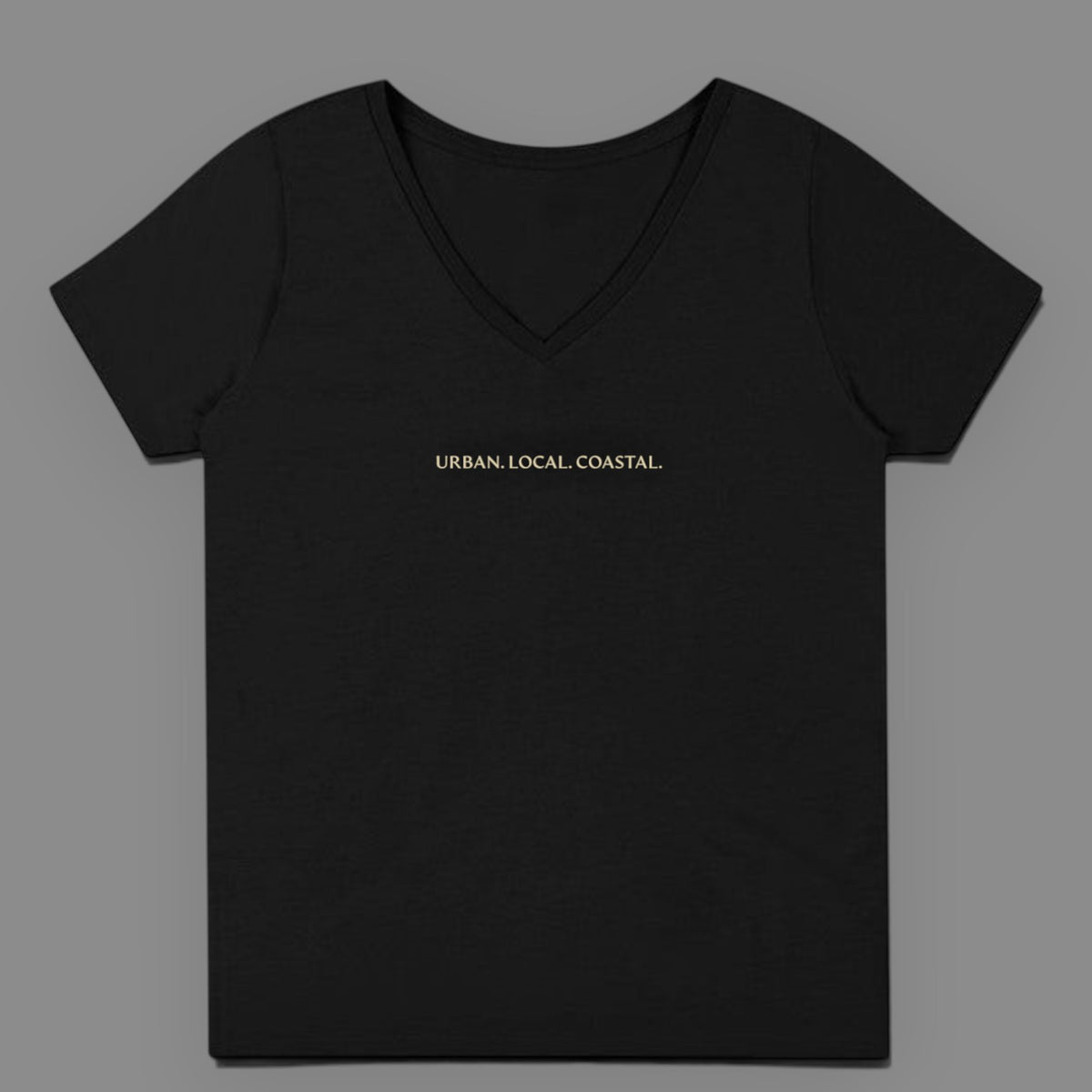 area 609 black 100% cotton V-neck t-shirt with URBAN. LOCAL. COASTAL. embroidery in sand thread