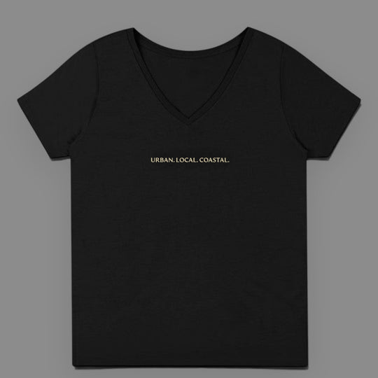 area 609 black 100% cotton V-neck t-shirt with URBAN. LOCAL. COASTAL. embroidery in sand thread