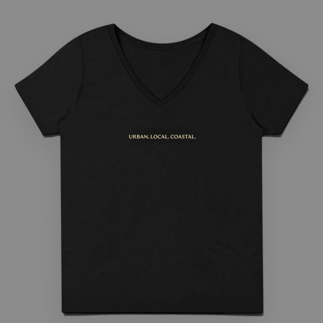area 609 black 100% cotton V-neck t-shirt with URBAN. LOCAL. COASTAL. embroidery in sand thread