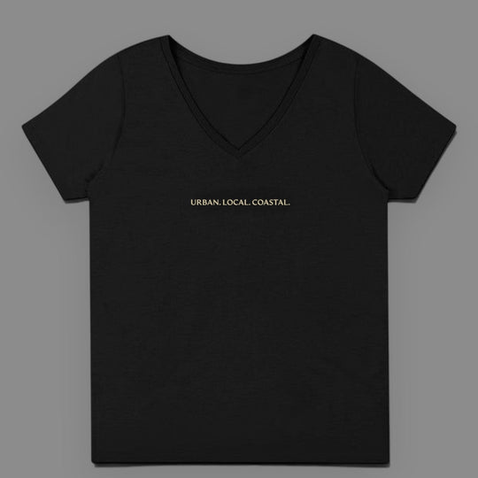 area 609 black 100% cotton V-neck t-shirt with URBAN. LOCAL. COASTAL. embroidery in sand thread