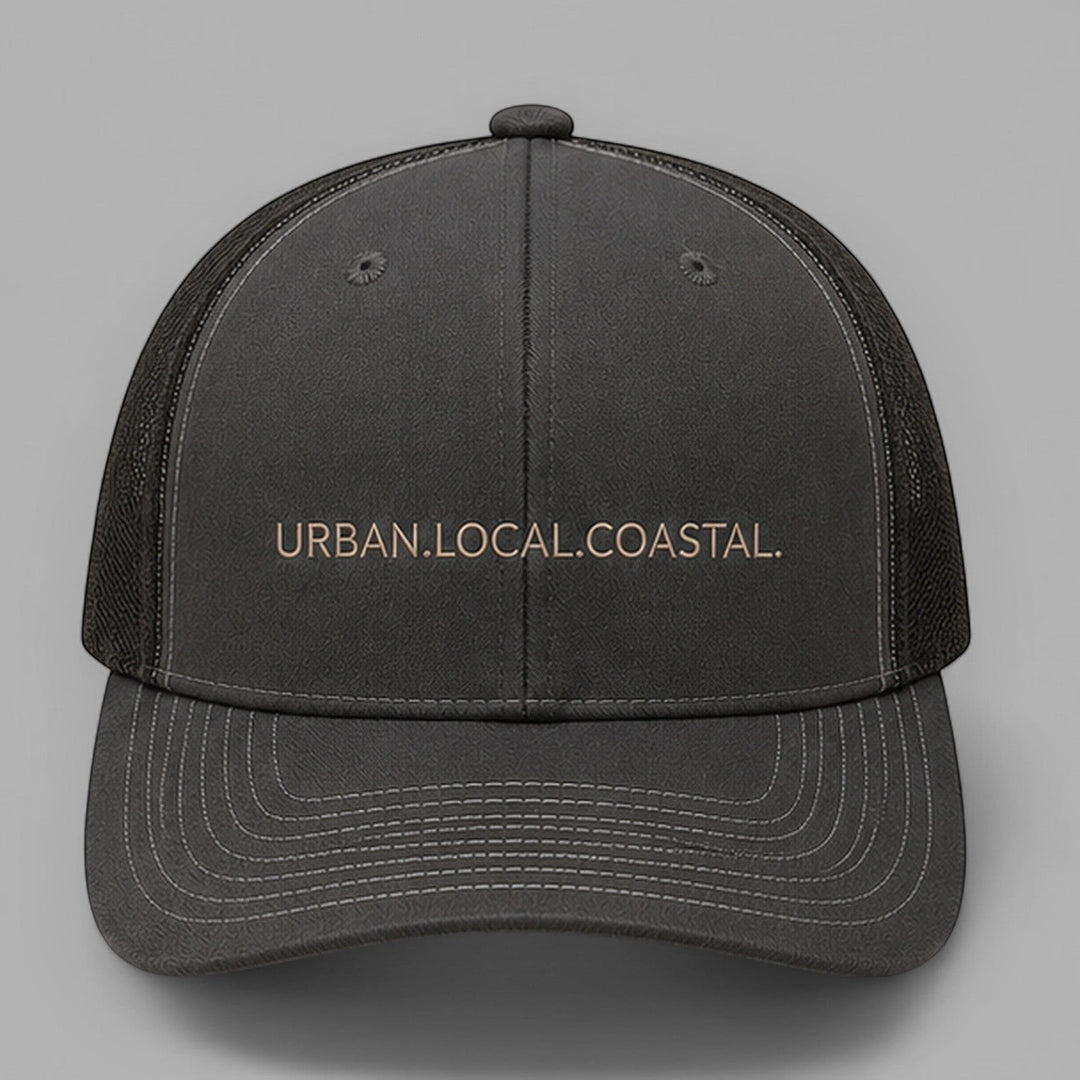 area 609 charcoal and black mesh snapback hat with URBAN.LOCAL.COASTAL. embroidery and pre-curved bill