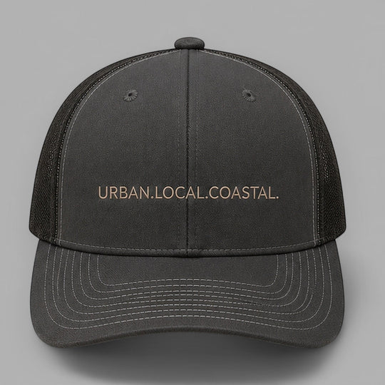 area 609 charcoal and black mesh snapback hat with URBAN.LOCAL.COASTAL. embroidery and pre-curved bill
