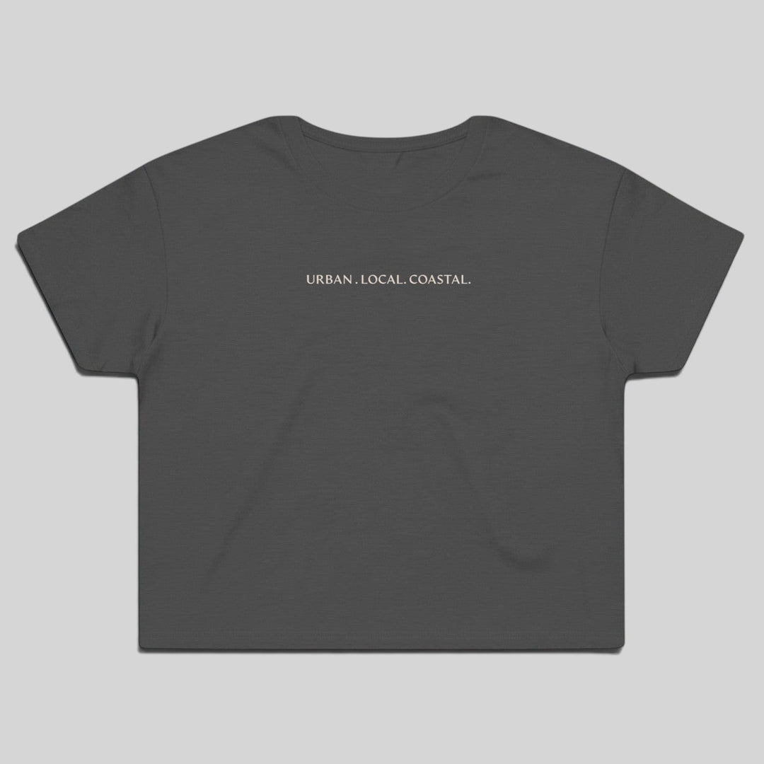 area 609 charcoal grey cotton cropped t-shirt with URBAN. LOCAL. COASTAL. embroidery on the chest