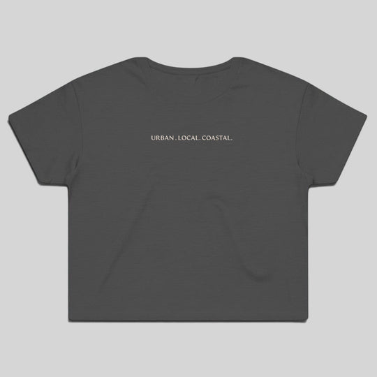 area 609 charcoal grey cotton cropped t-shirt with URBAN. LOCAL. COASTAL. embroidery on the chest