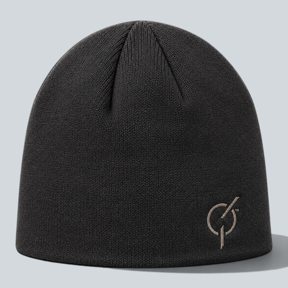 area 609 charcoal organic hemp-cotton beanie with sand embroidered Core emblem on the front