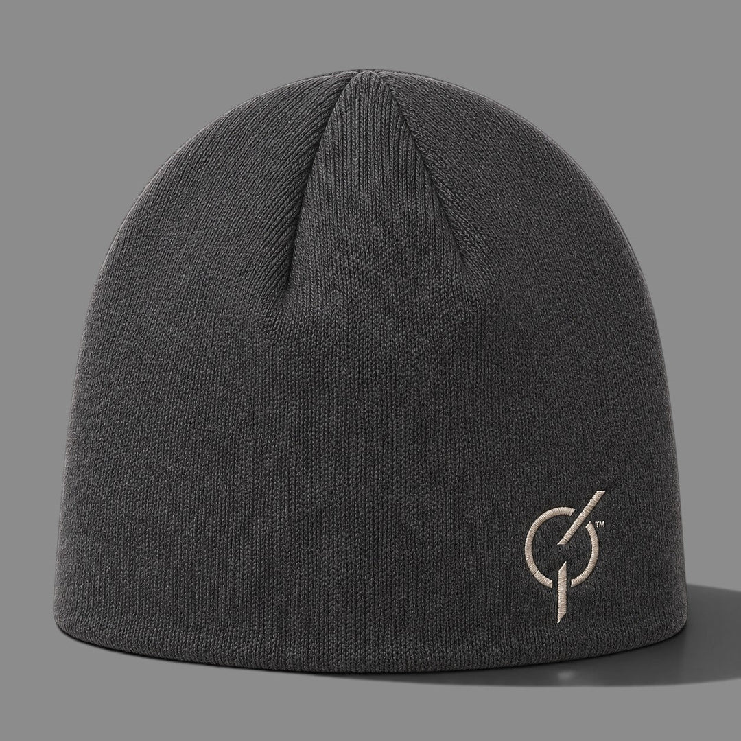 area 609 charcoal hemp-cotton beanie with a ribbed knit texture and sand-colored embroidered logo on the front