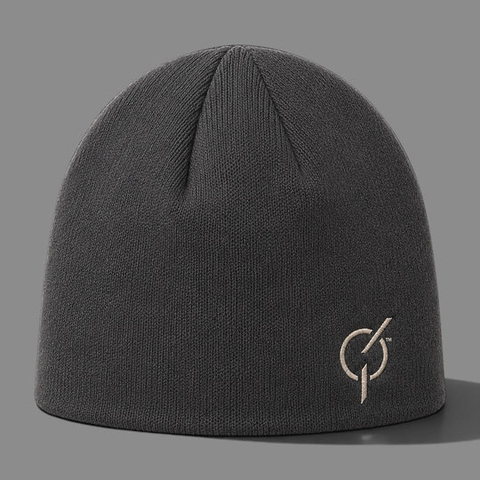 area 609 charcoal hemp-cotton beanie with a ribbed knit texture and sand-colored embroidered logo on the front